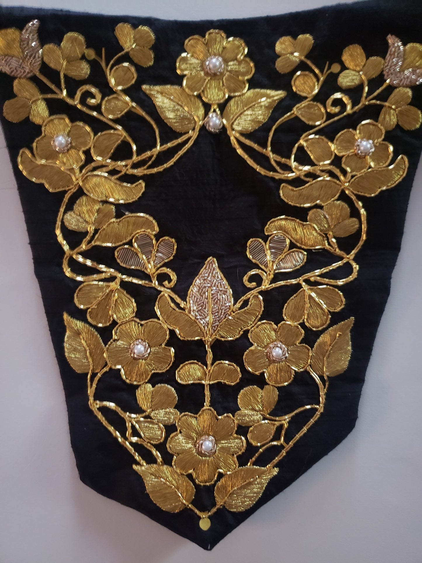 Hand goldwork embroidered fancy bodice front