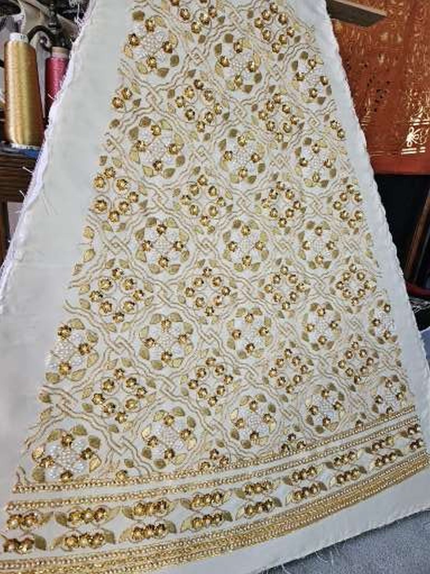 Queen Katherine Parr Underskirt – Ivory &amp; Gold Heavy Bridal Satin | Rare Double-Twist Goldwork | Collector’s Piece